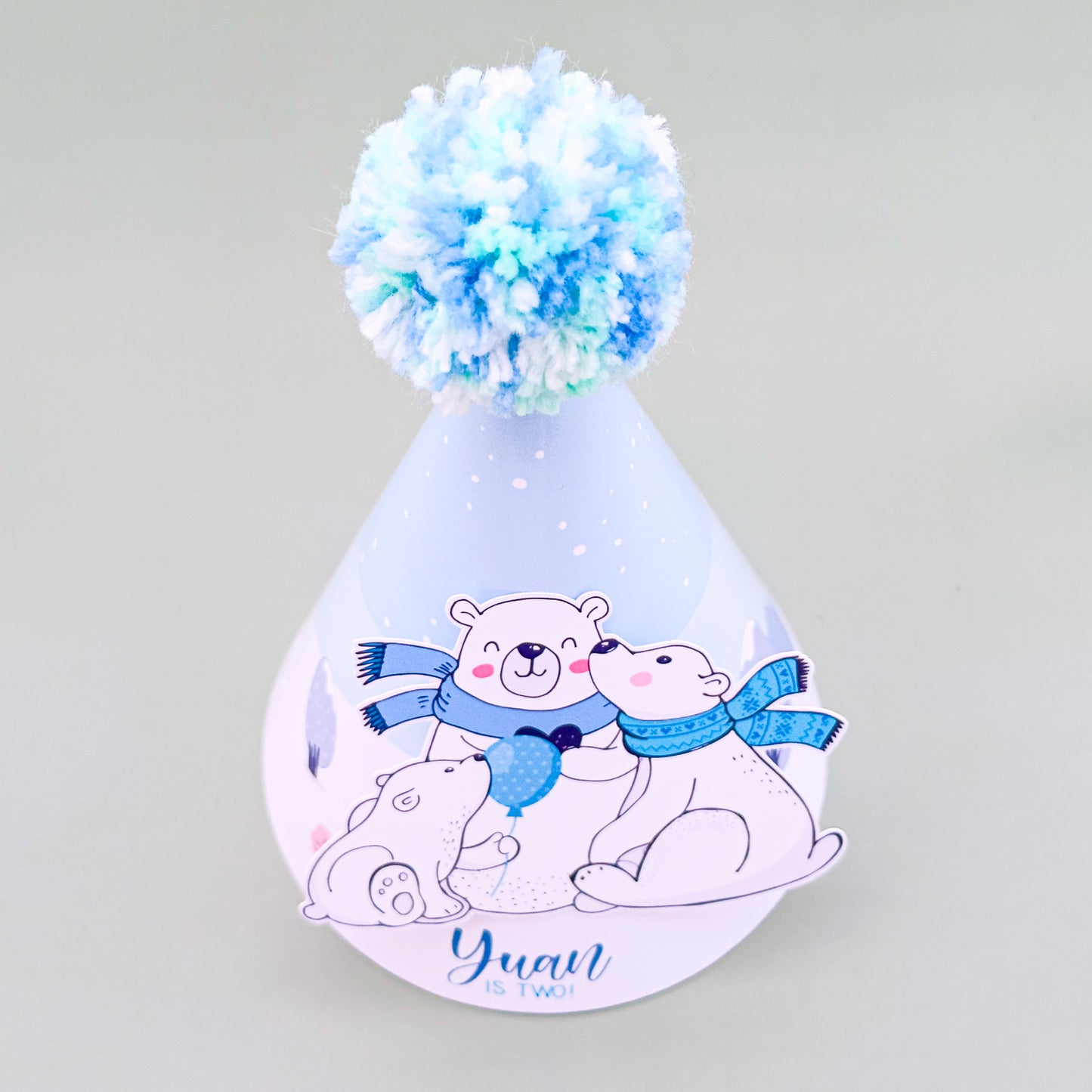 Personalised Polar Bear Party Hat with Pretty Pompoms